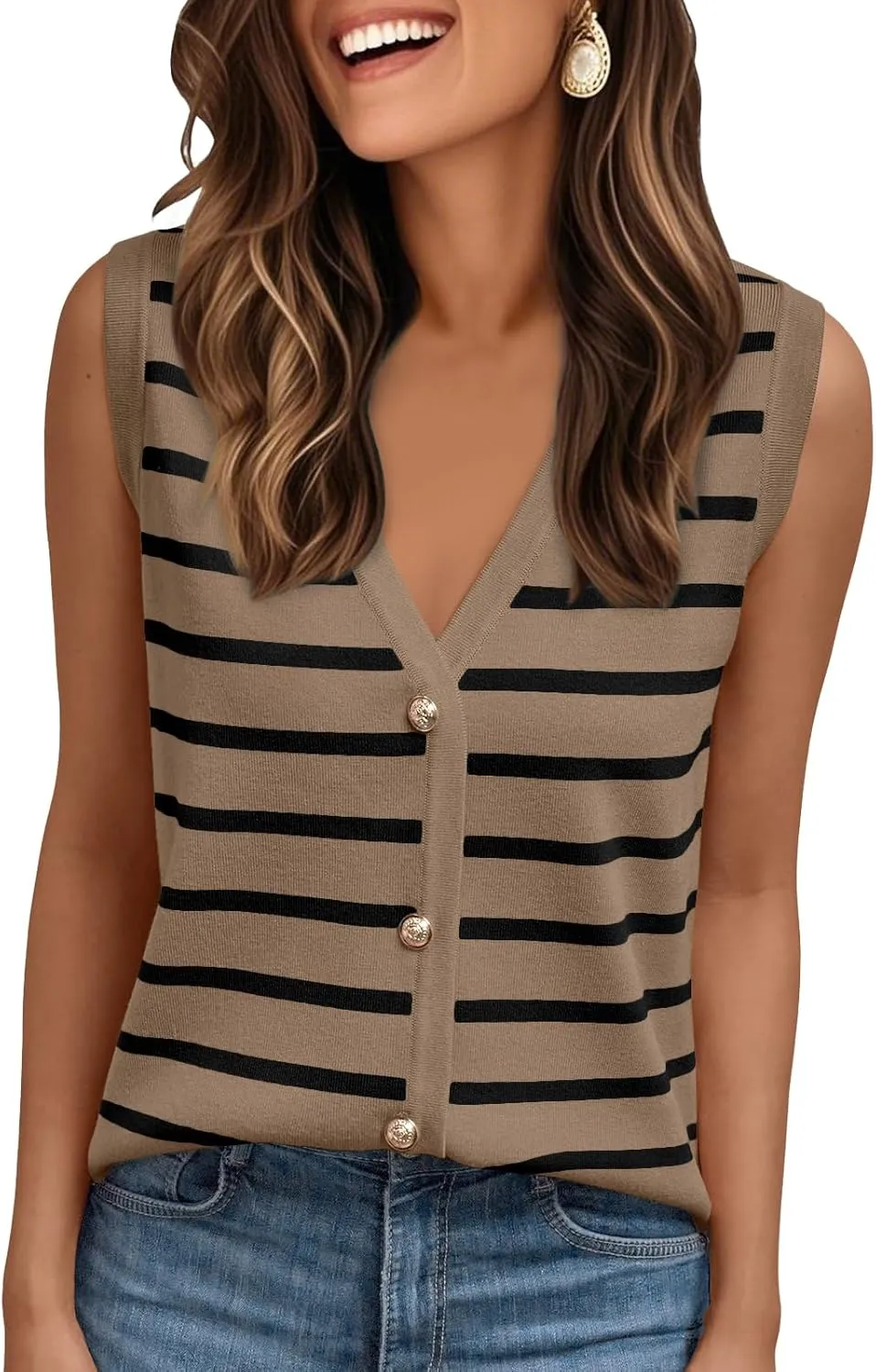 AUTOMET Vest for Women Striped Sweater Vests 2025 Trendy Summer Work Crochet Tops Button Up Business Casual Outfits
