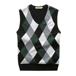 Autumn Spring Warm Thick Sleeveless V-Neck Argyle Slim Fit Fashion Sweaters Vest Knitted Cotton Casual Wool