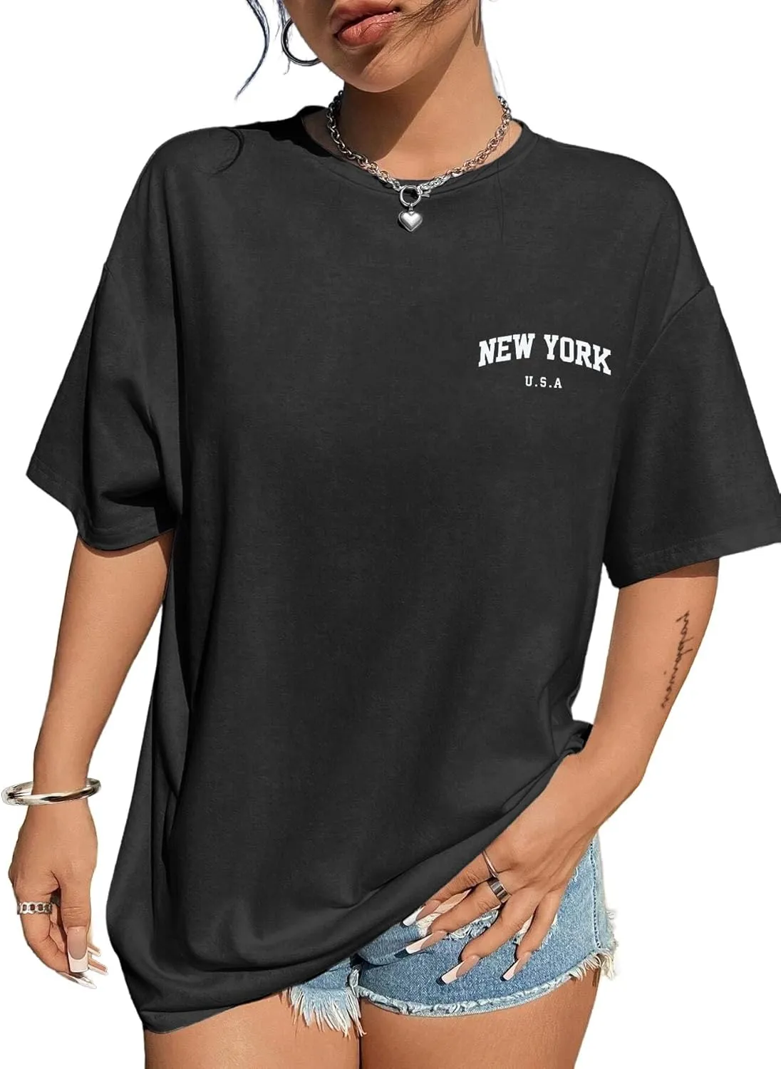 Avanova Women Graphic Oversized T-Shirt Short Sleeve Letter Print Loose Tee Top