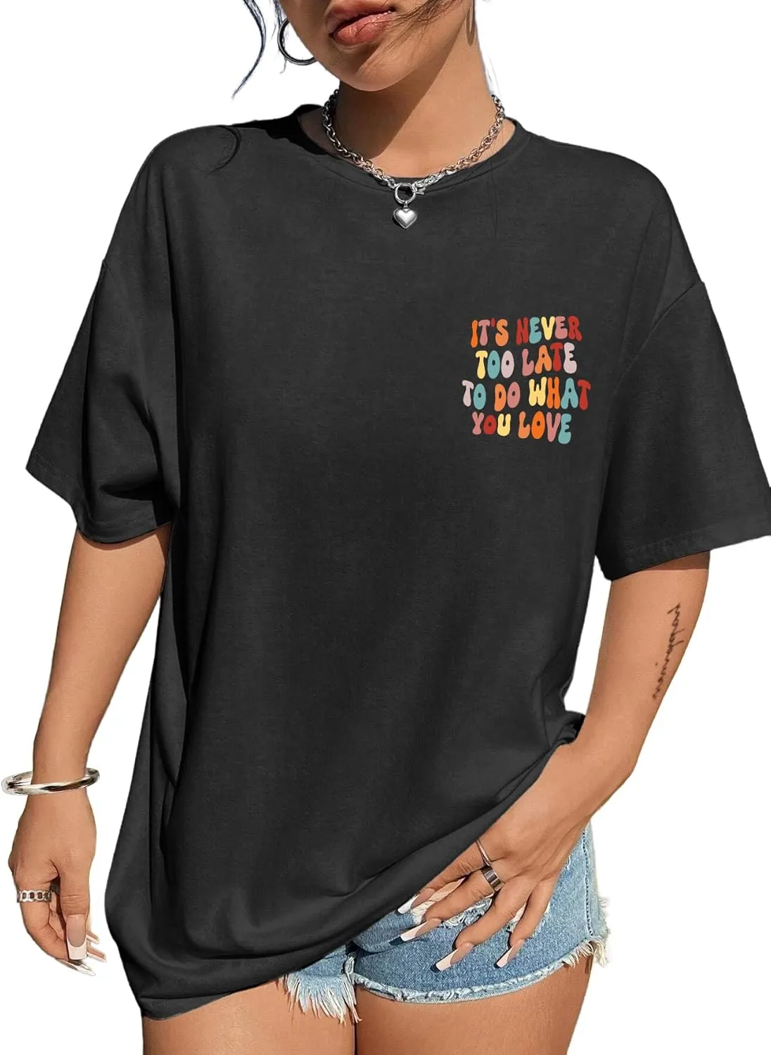 Avanova Women Graphic Oversized T-Shirt Short Sleeve Letter Print Loose Tee Top