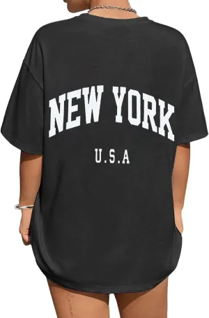 Avanova Women Graphic Oversized T-Shirt Short Sleeve Letter Print Loose Tee Top