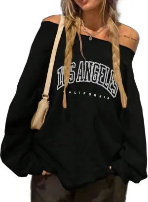 Avanova Women West Coast Graphic Off Shoulder Sweatshirt Boat Neck Long Sleeve Oversized Pullover Shirt