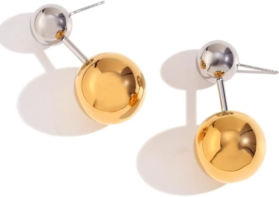 Ball Dangle Drop Gold Plated Stud Earrings - Stainless Steel Earrings