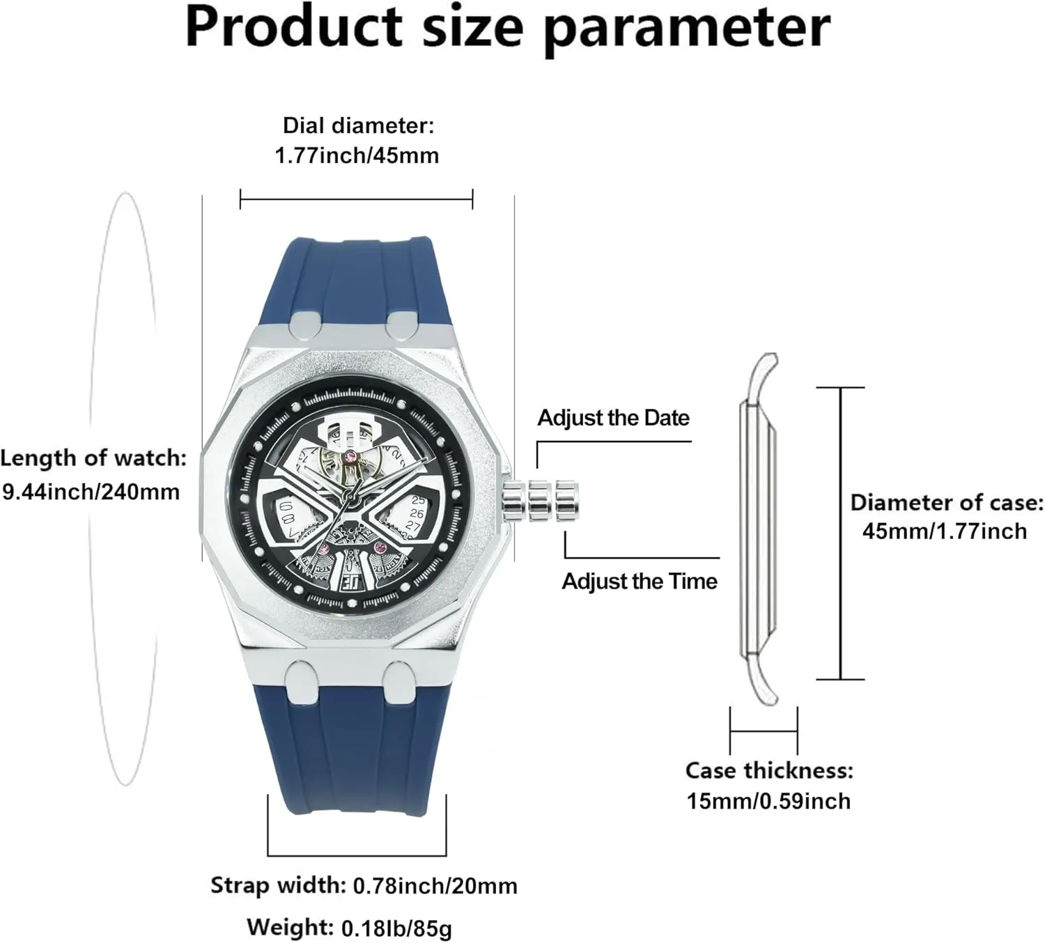 BARAMON Men's Watches Skeleton Stainless Quartz Watch Fashion Casual Wristwatch for Men Adjustable Silicone Band Male Clock Waterproof Sport Business