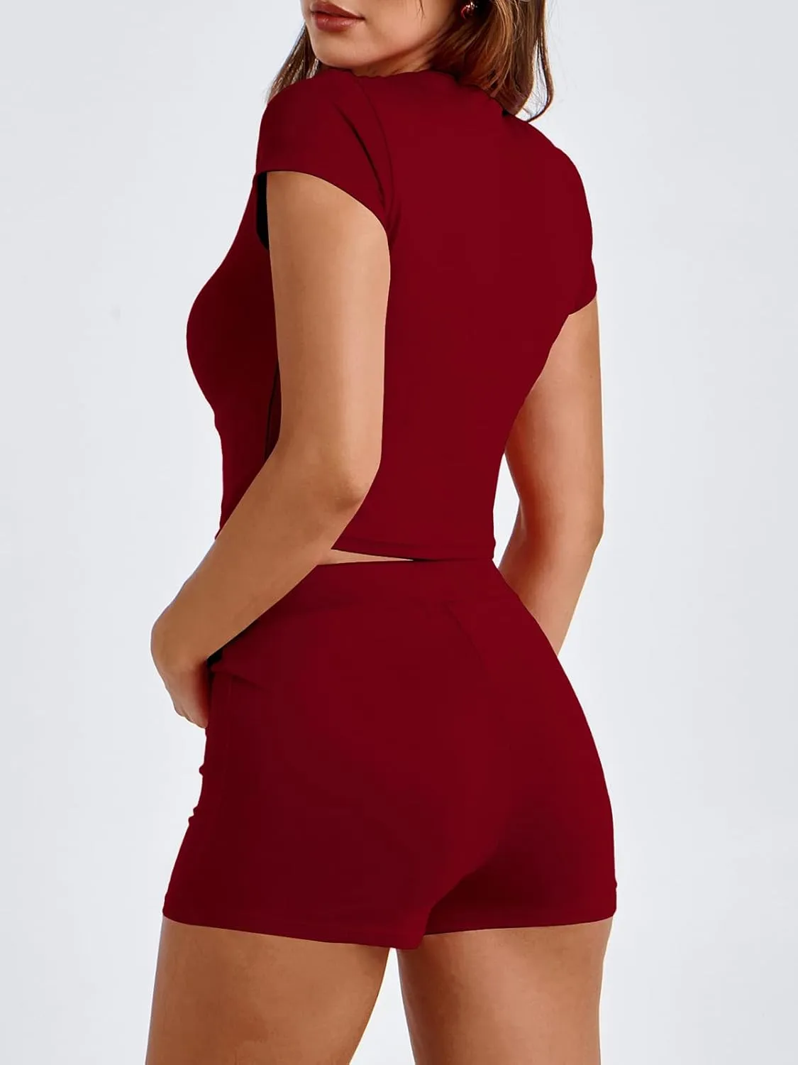 BARASA Womens Sexy Summer Two Piece Sets Outfits Slim Fitted Short Sleeve Tops Casual Mini Shorts Set D073