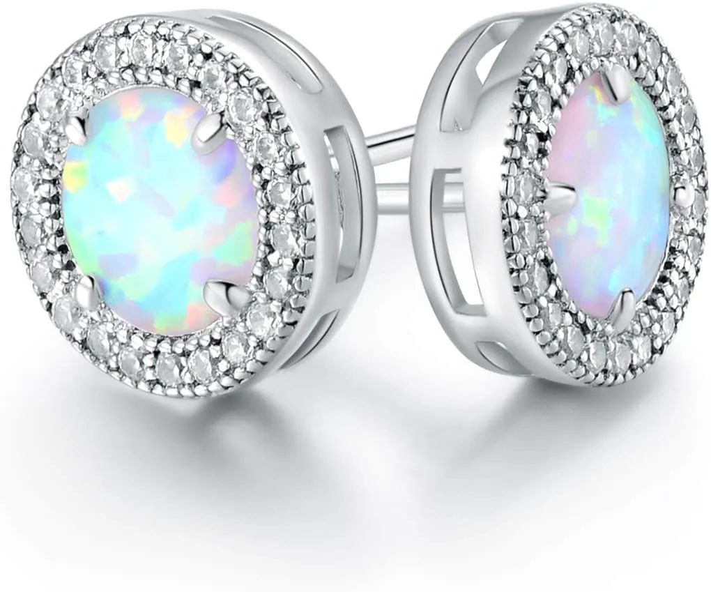 Barzel 18K Rose Gold Plated or White Gold Plated Created Opal Halo Stud