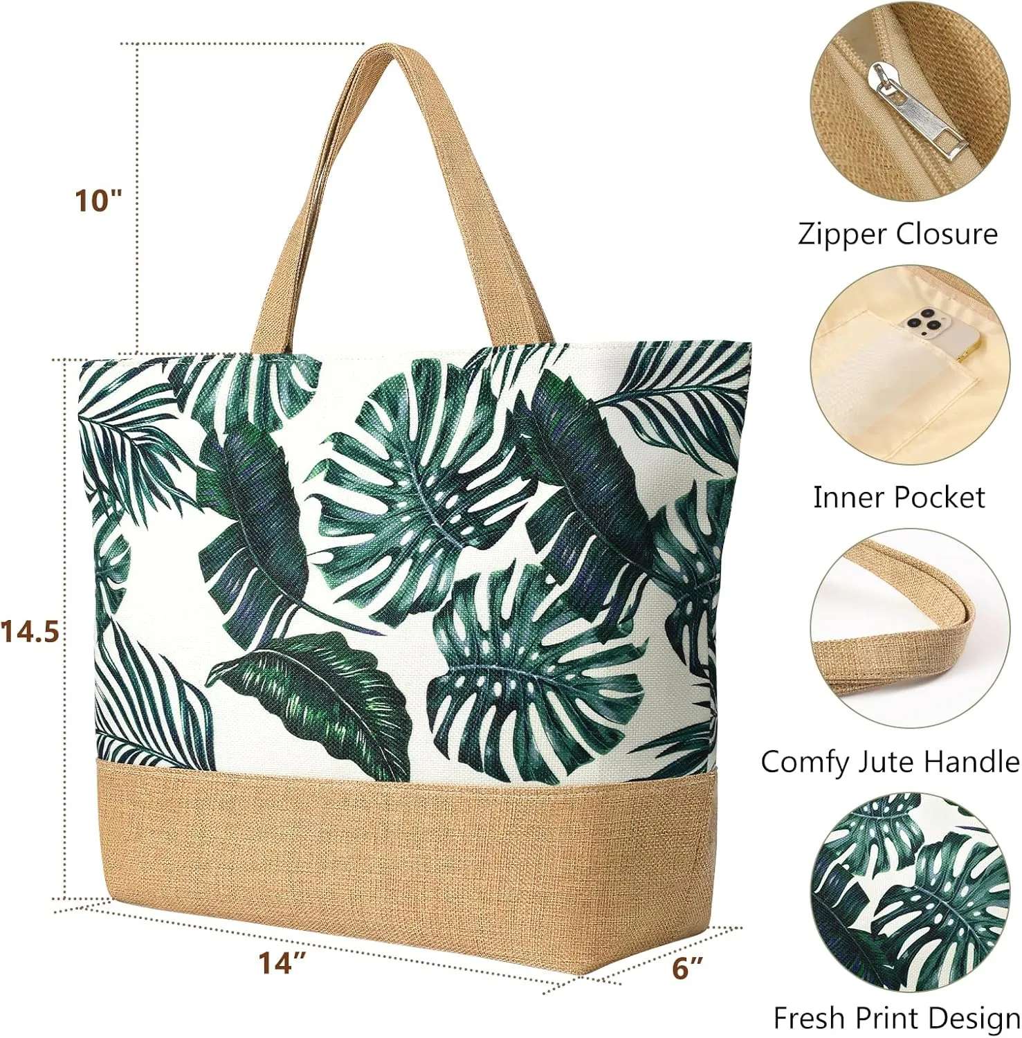 Beach Bag for Women, Large Beach Tote Bags with Zipper, Woven Straw Tote Waterproof, Swim Gym Shopping Travel Bag
