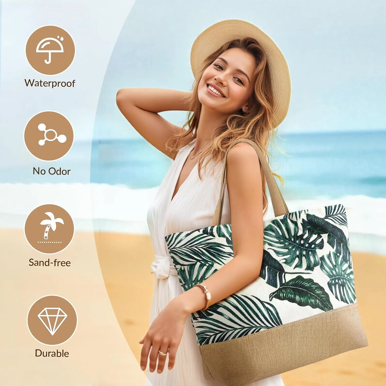 Beach Bag for Women, Large Beach Tote Bags with Zipper, Woven Straw Tote Waterproof, Swim Gym Shopping Travel Bag