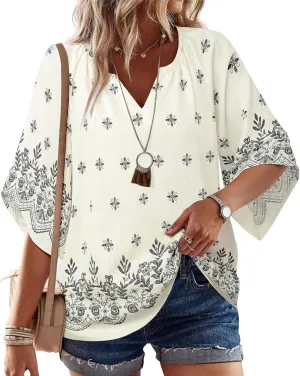 Bebonnie Womens 3/4 Sleeve V Neck Bohemian Peasant Blouses Casual Loose Fit Tunic Tops