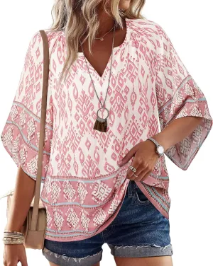 Bebonnie Womens 3/4 Sleeve V Neck Bohemian Peasant Blouses Casual Loose Fit Tunic Tops
