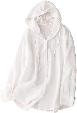 Binmer Women's Linen Sun Protection Hoodie Jacket Lightweight Long Sleeve Shirt Oversized Loose Breathable Hooded Cover Ups