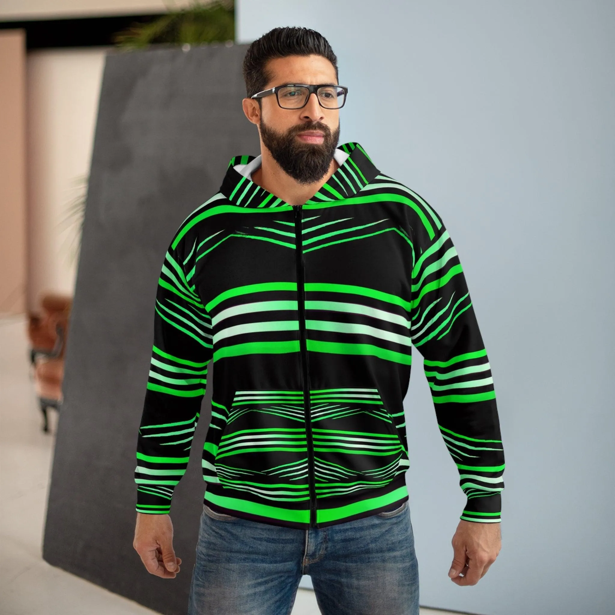 Black Green White Unisex Zip Hoodie