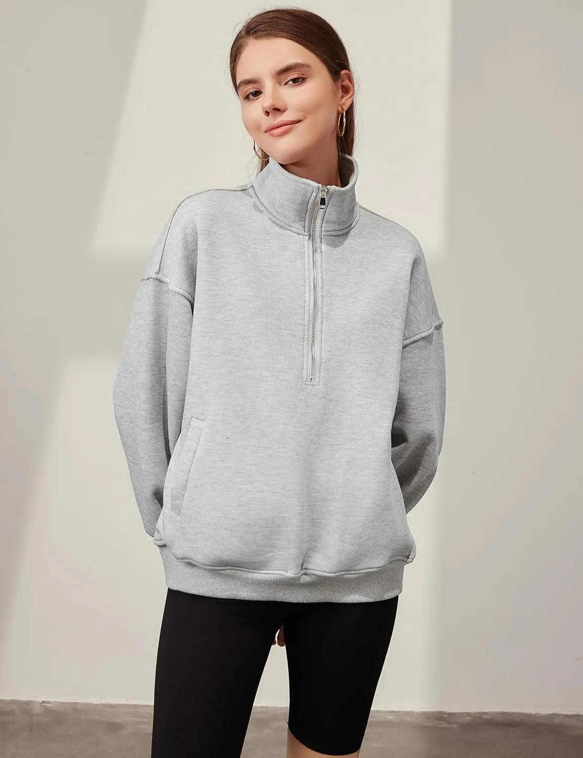Blooming Jelly Womens Oversized Quarter Zip Cute Sweatshirt Lapel Cozy Fleece Trendy Thumb Hole Pullover