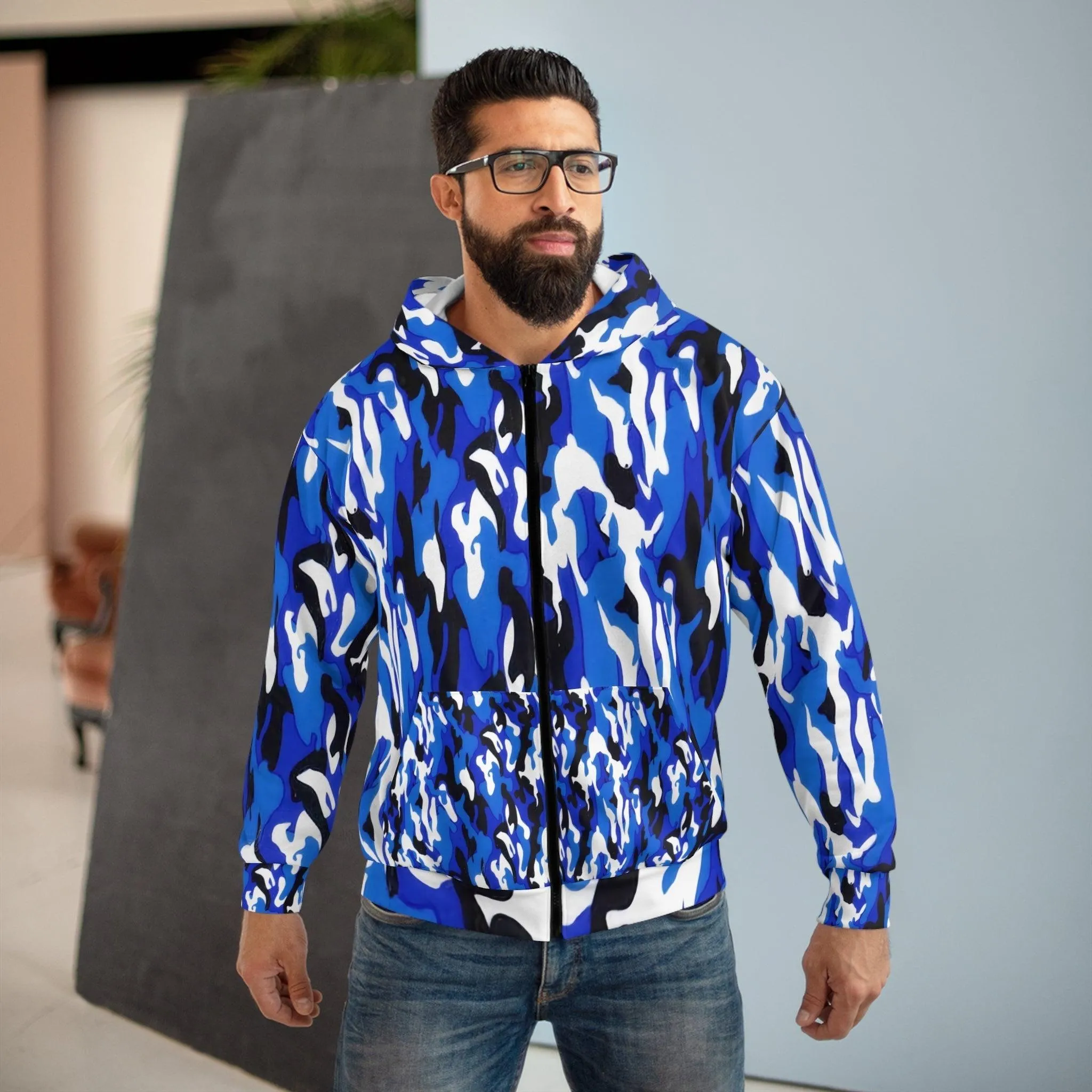 Blue Black White Camo Unisex Zip Hoodie