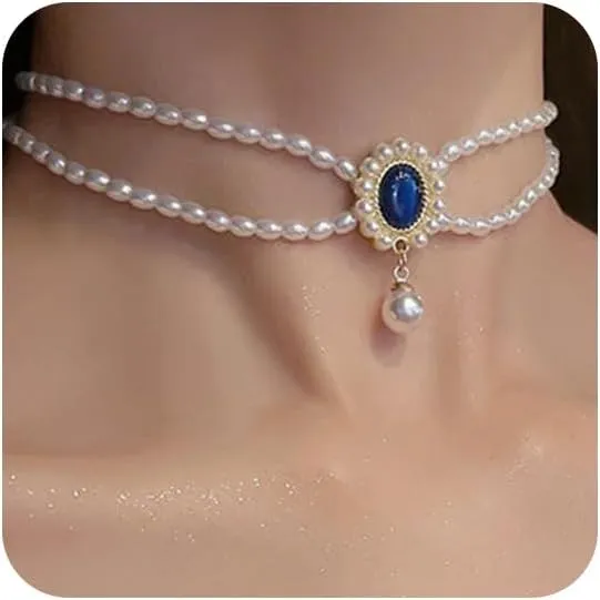 Boho 2 Tier Pearl Blue Rhinestones Gold Shiny Choker Necklaces Dainty Rhinestones Pearls Chunky Short 1920s Choker Necklace Chain Multilayer Choker Necklaces Prom Party Bar for Women