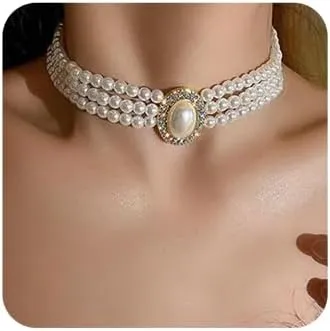Boho 3 Tier Pearl Rhinestones Shiny Choker Necklaces Dainty Rhinestones Pearls Chunky Short 1920s Choker Necklace Multilayer Necklaces Prom Party Bar for Women