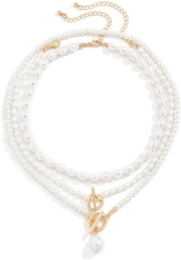 Boho 3 Tier Simple Pearl Gold Silver Shiny Punk Bar Choker Necklaces Dainty Rhinestones Pearls Halloween Choker Necklace Chain Multilayer Choker Necklaces Prom Party Bar for Women (Gold 3)