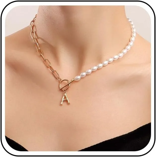 Boho Initial Letter Necklace Pearl Beads Choker Necklace Letter A Pendant Necklace Toggle T Bar Chain Necklace Jewelry for Women