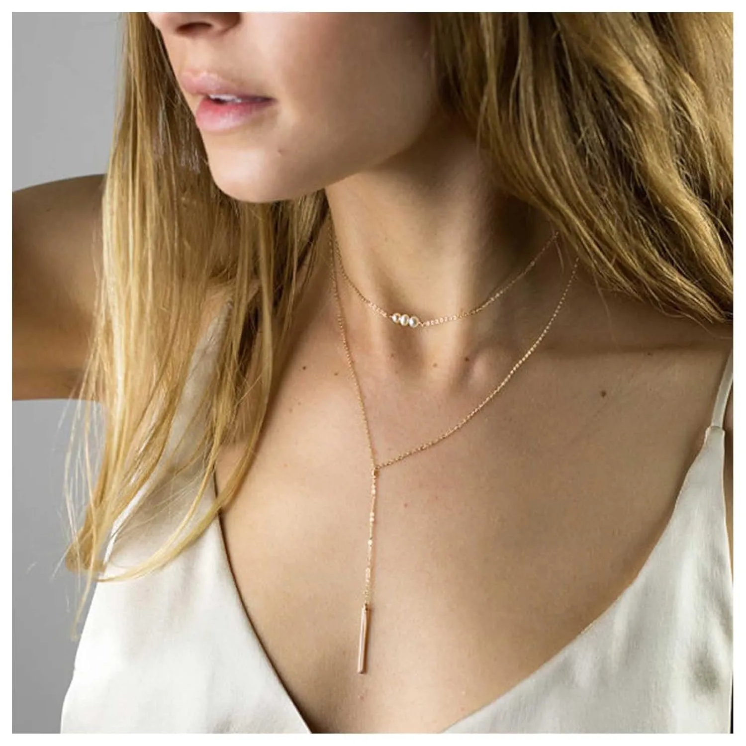 Boho Layered Bar Lariat Choker Necklace Long Pearl Y Necklace Chain Bar Y Drop Necklace Imitation Pearl Necklace Jewelry for Women and Girls