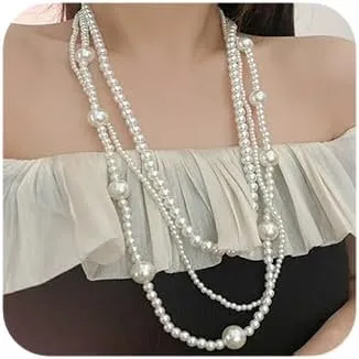 Boho Pearl 3 Tier Silver Long Choker Necklaces Dainty Pearls Chunky Short 1920s Choker Necklace Chain Multilayer Choker Necklaces Prom Party Bar for Women