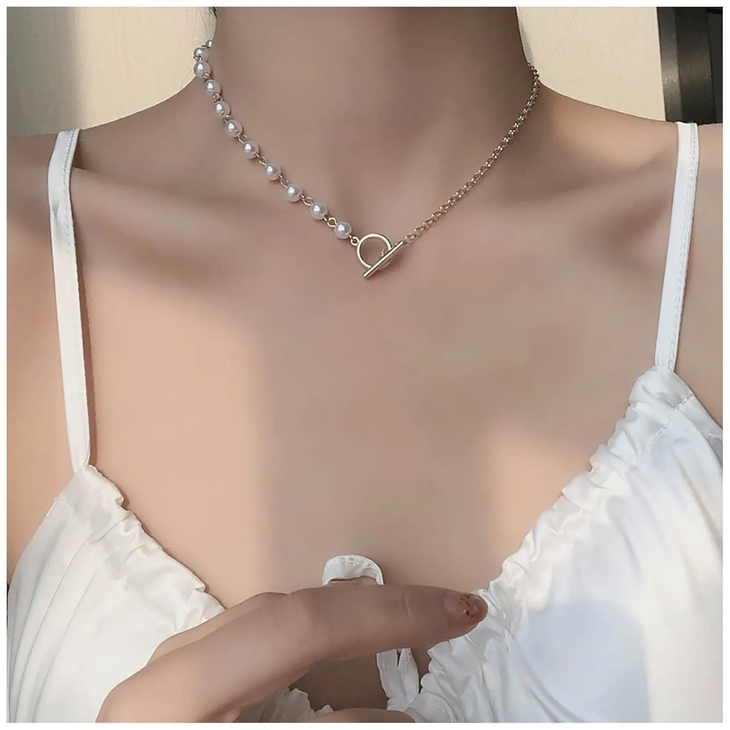 Boho Pearl Choker Necklace Karma Circle Pendant Necklace Gold Pearl Collar Necklace Toggle T Bar Chain Necklace Jewelry for Women and Girls