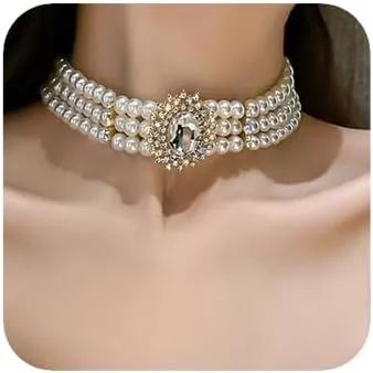 Boho Pearl Rhinestones Shiny Choker Necklaces Dainty Rhinestones Pearls Chunky Short 1920s Choker Necklace Multilayer Choker Necklaces Prom Party Bar for Women