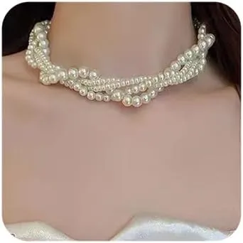 Boho Pearl Silver Shiny Choker Necklaces Dainty Pearls Chunky Short 1920s Choker Necklace Chain Multilayer Choker Necklaces Prom Party Bar for Women