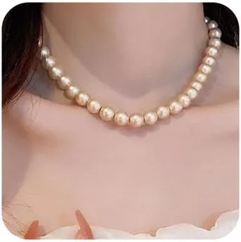 Boho Short Large Vintage 10MM Pearl Shiny Choker Necklaces Dainty Champagne Pearls Simple 1920s Choker Necklaces Halloween Prom Party Bar Necklace for Women