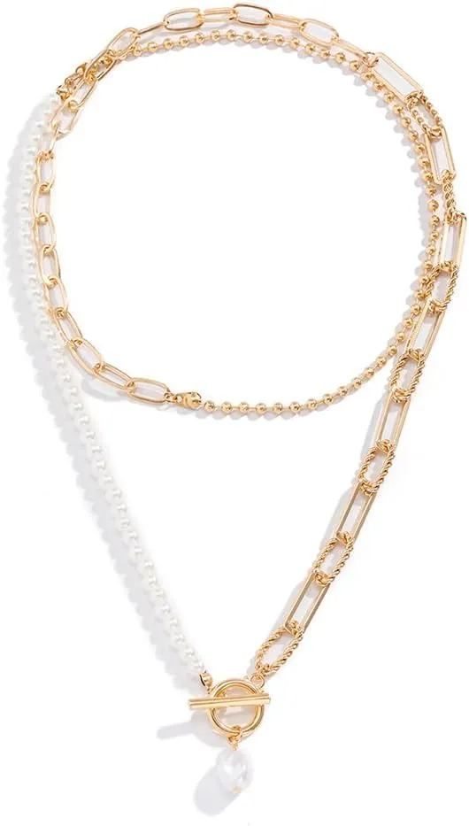 Boho Simple Pearl Gold Silver Shiny Punk Bar Choker Necklaces Dainty Rhinestones Pearls Halloween Choker Necklace Chain Multilayer Choker Necklaces Prom Party Bar for Women (Gold 1)