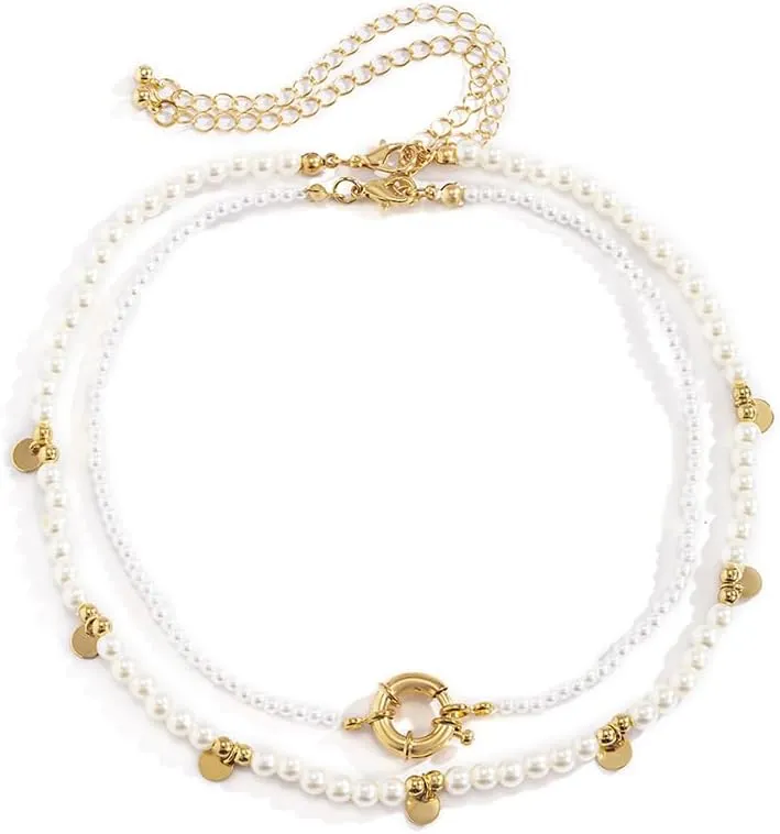 Boho Simple Pearl Gold Silver Shiny Punk Bar Choker Necklaces Dainty Rhinestones Pearls Halloween Choker Necklace Chain Multilayer Choker Necklaces Prom Party Bar for Women (Gold 2)