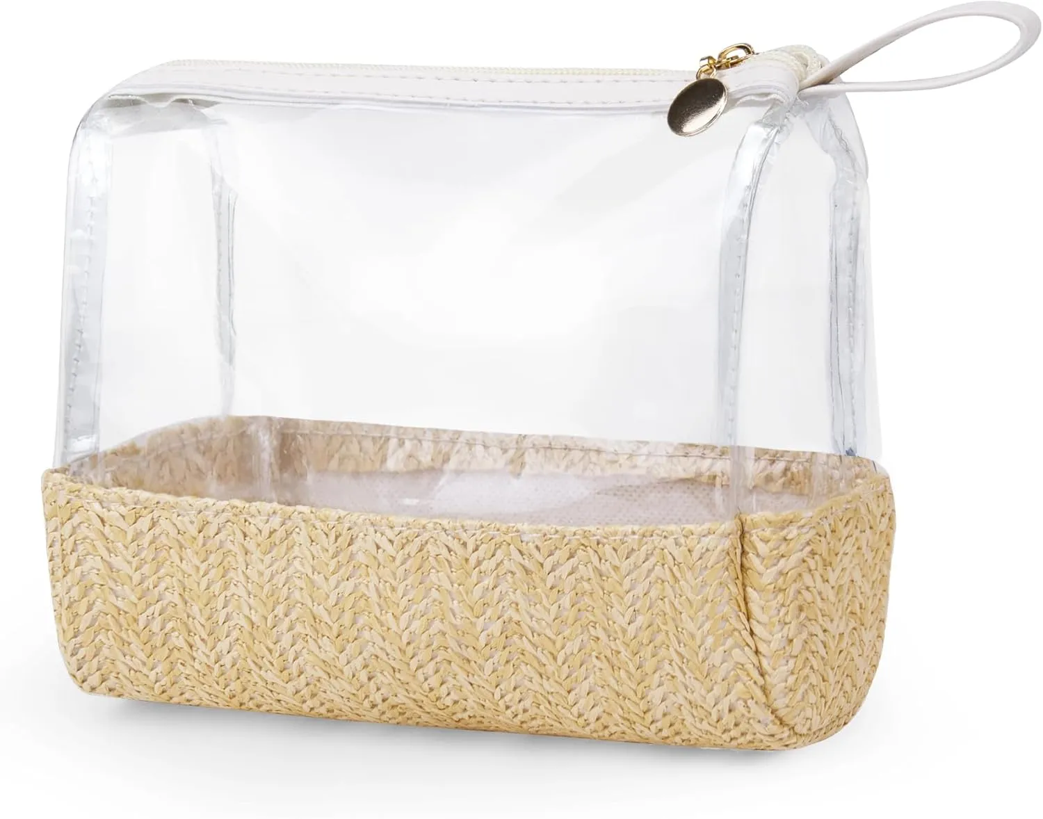 Boho Straw Makeup Bag,Small Clear Travel Cosmetic Bag Aesthetic Waterproof Portable Toiletry Bag,Preppy Cute Transparent TPU Zipper Purse Travel Beach bags sunscreen bag for Women Girls