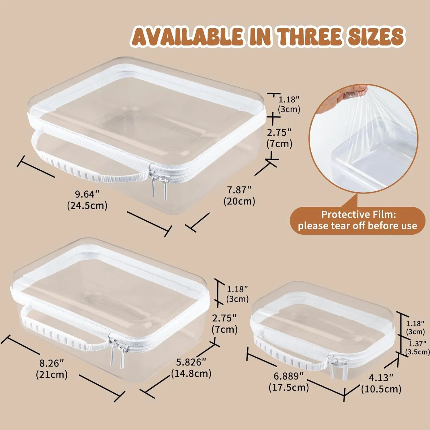 Bottom-Deepened 2.75''-3 Pack Clear Hard Shell Zipper Case L M S,Portable Zipper Bags Waterproof Cosmetics Bags,Organizer Pouch For Snacks,Toy,Diapers,Travel,White