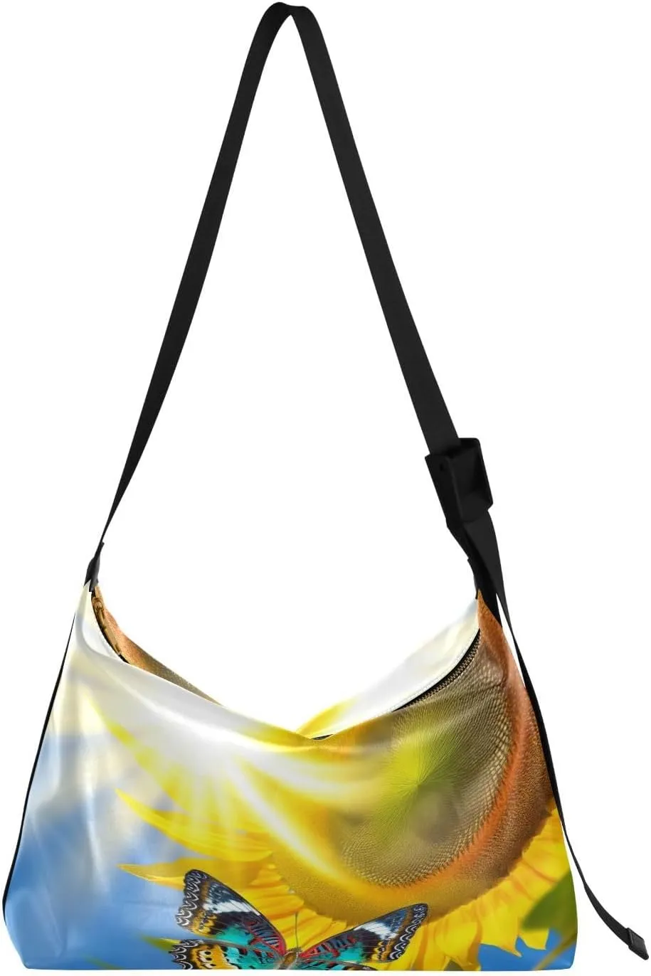 Butterfly Sunflower Hobo Crossbody Bags for Women Leather Large Shoulder Bag Cross Body Spring Scenery Trendy Womens Tote Bags Handbag for Travel Shopping