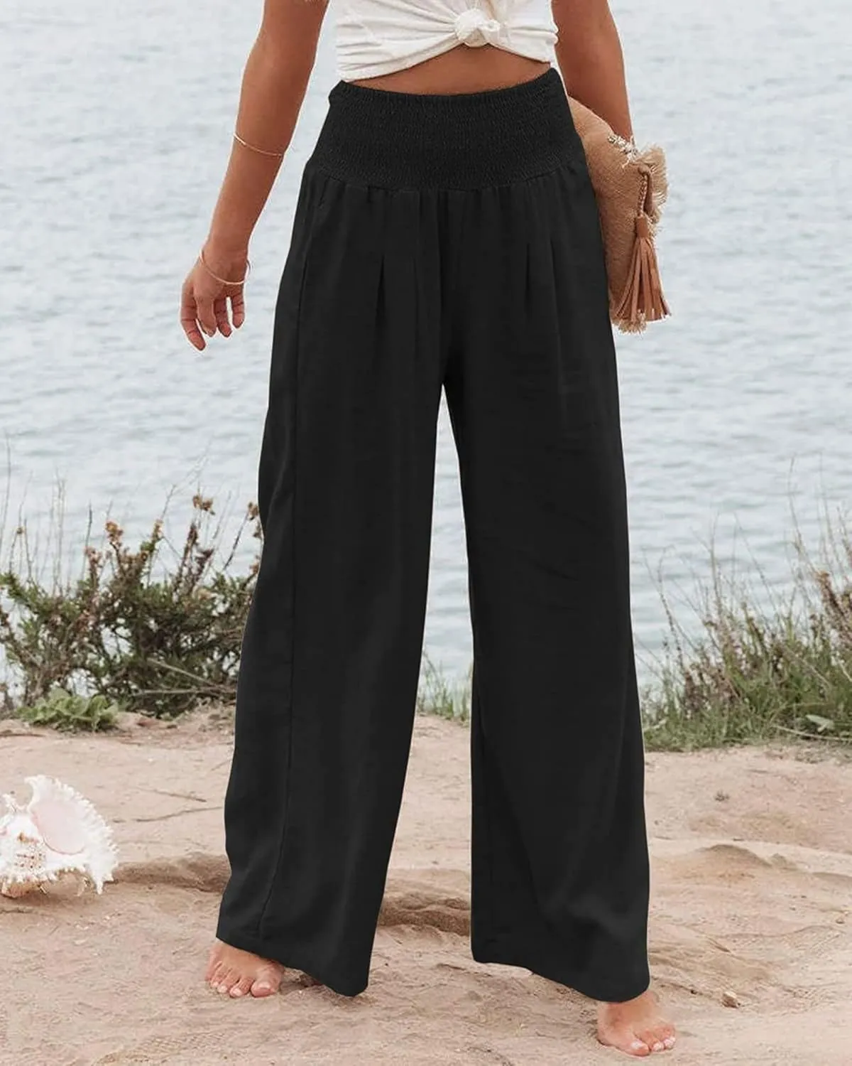 Canbebig Womens Linen Pants Boho Wide Leg High Waist Palazzo Pants Casual Smocked Waisted Pants Lounge Trousers with Pockets
