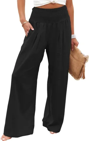 Canbebig Womens Linen Pants Boho Wide Leg High Waist Palazzo Pants Casual Smocked Waisted Pants Lounge Trousers with Pockets