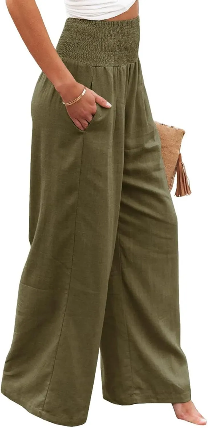 Canbebig Womens Linen Pants Boho Wide Leg High Waist Palazzo Pants Casual Smocked Waisted Pants Lounge Trousers with Pockets