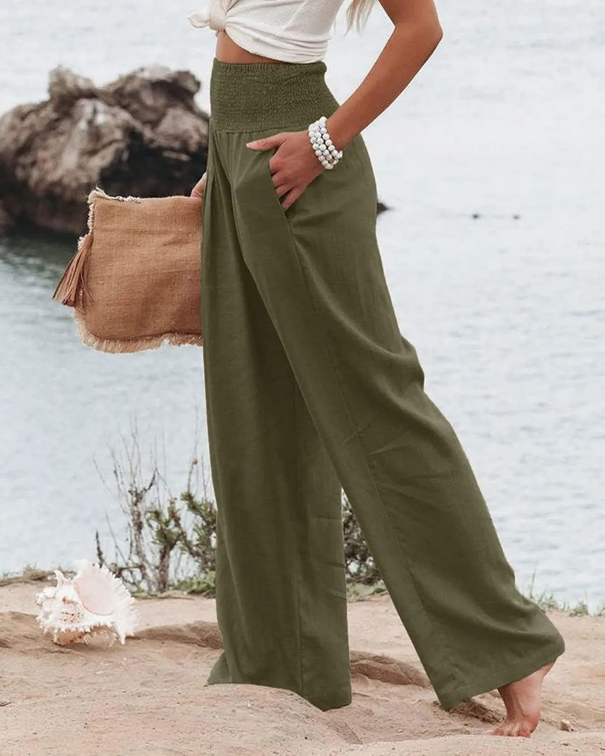 Canbebig Womens Linen Pants Boho Wide Leg High Waist Palazzo Pants Casual Smocked Waisted Pants Lounge Trousers with Pockets