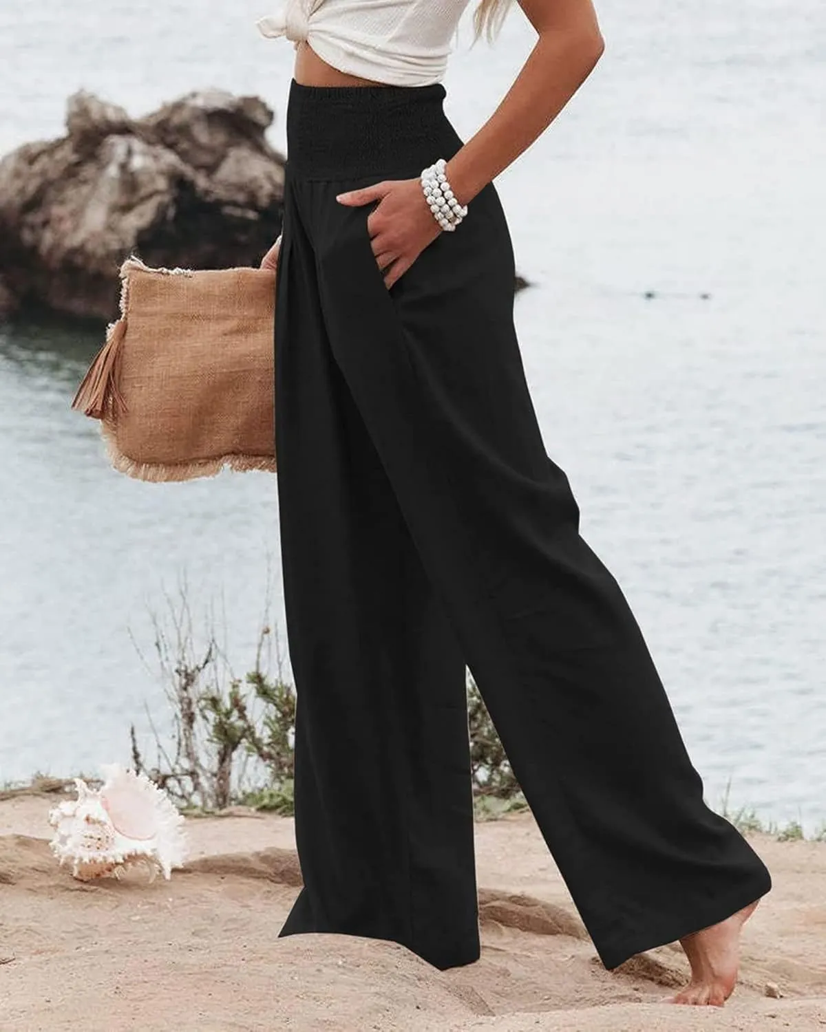 Canbebig Womens Linen Pants Boho Wide Leg High Waist Palazzo Pants Casual Smocked Waisted Pants Lounge Trousers with Pockets