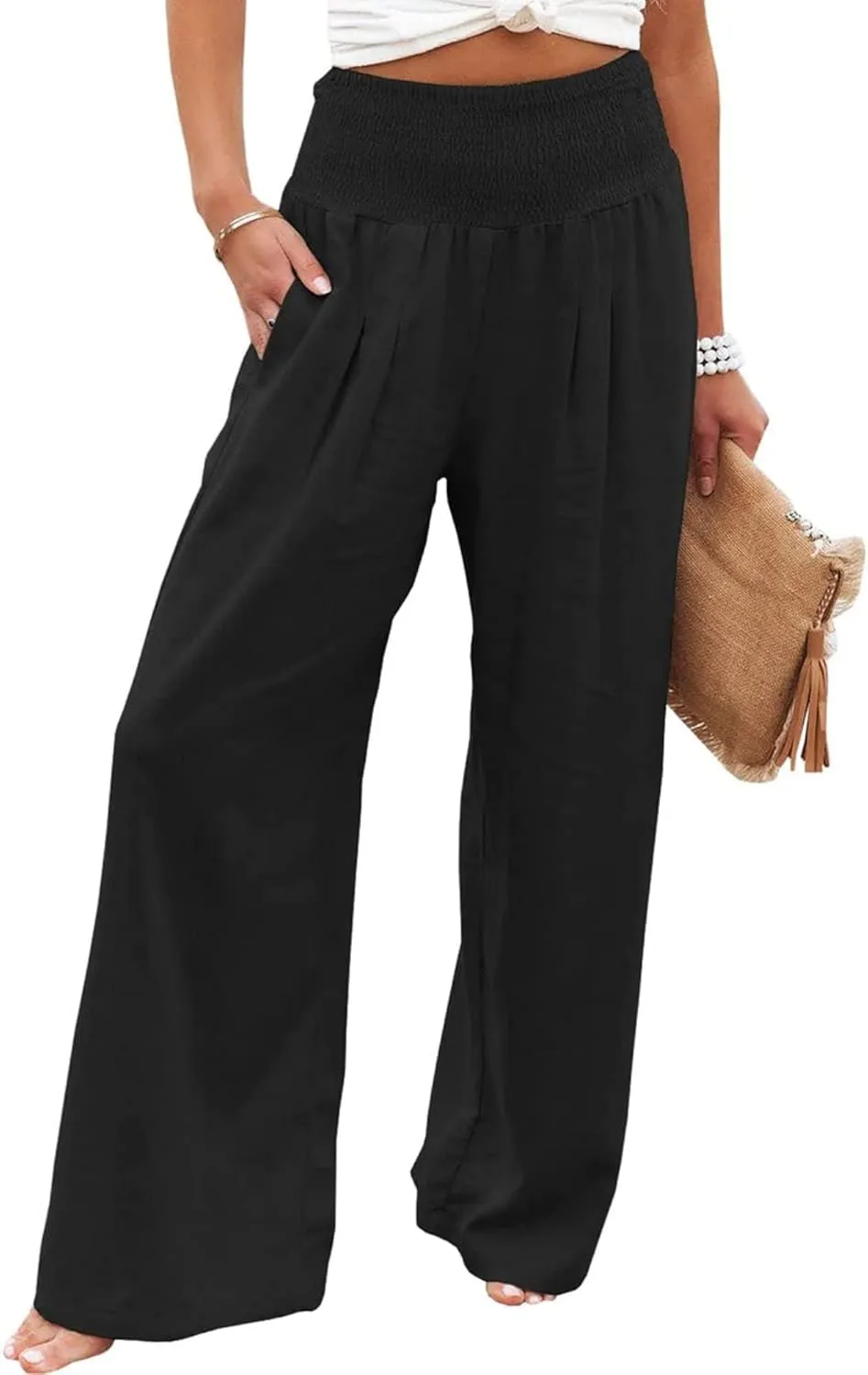 Canbebig Womens Linen Pants Boho Wide Leg High Waist Palazzo Pants Casual Smocked Waisted Pants Lounge Trousers with Pockets