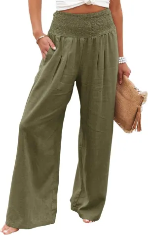 Canbebig Womens Linen Pants Boho Wide Leg High Waist Palazzo Pants Casual Smocked Waisted Pants Lounge Trousers with Pockets