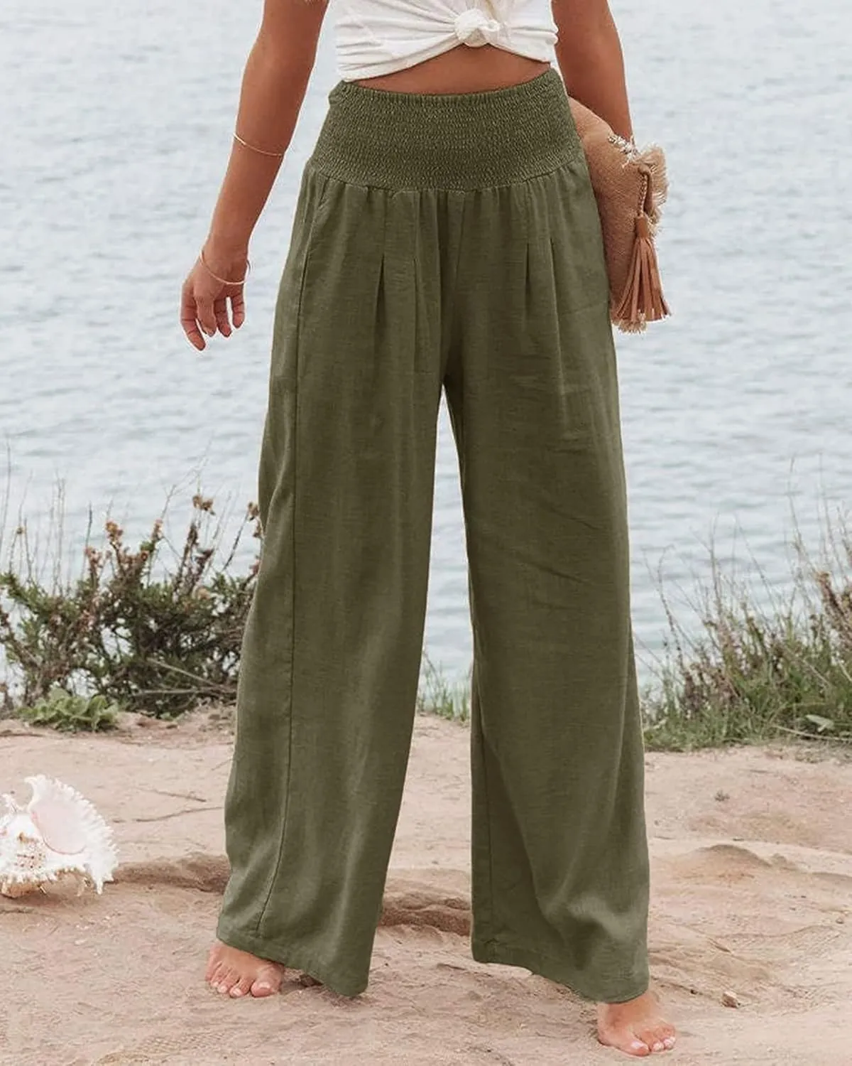 Canbebig Womens Linen Pants Boho Wide Leg High Waist Palazzo Pants Casual Smocked Waisted Pants Lounge Trousers with Pockets