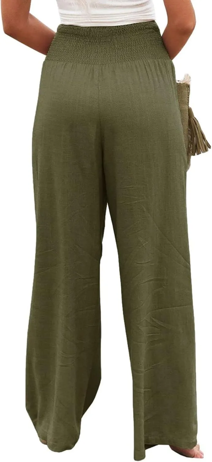 Canbebig Womens Linen Pants Boho Wide Leg High Waist Palazzo Pants Casual Smocked Waisted Pants Lounge Trousers with Pockets
