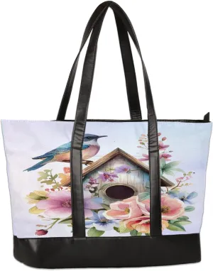 Canvas Laptop Tote Bag for Women Bird House Flower 15.6 Inch Large Capacity Computer Bag