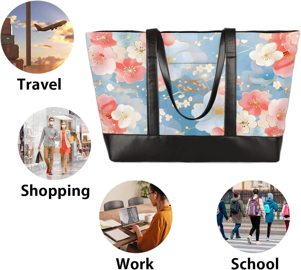 Canvas Laptop Tote Bag for Women Cherry Blossom Pink Blue 15.6 Inch Large Capacity Computer Bag