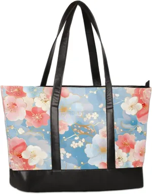 Canvas Laptop Tote Bag for Women Cherry Blossom Pink Blue 15.6 Inch Large Capacity Computer Bag