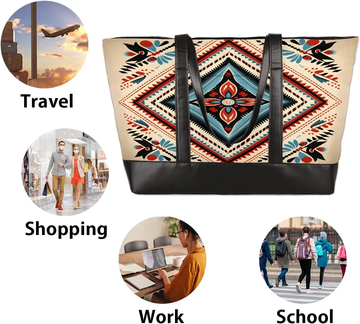 Canvas Laptop Tote Bag for Women Ethnic Mandala Art 15.6 Inch Large Capacity Computer Bag Lightweight Casual Shoulder Handbag