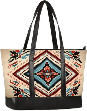 Canvas Laptop Tote Bag for Women Ethnic Mandala Art 15.6 Inch Large Capacity Computer Bag Lightweight Casual Shoulder Handbag