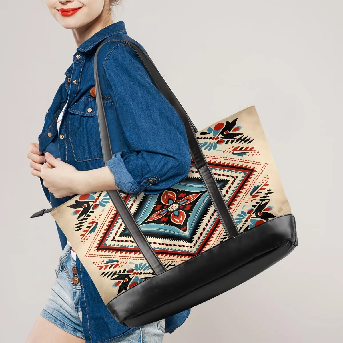 Canvas Laptop Tote Bag for Women Ethnic Mandala Art 15.6 Inch Large Capacity Computer Bag Lightweight Casual Shoulder Handbag