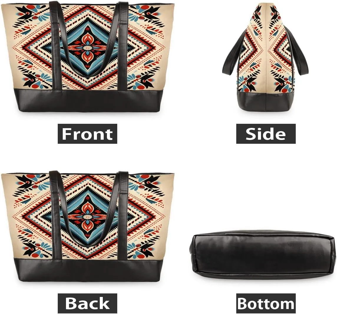 Canvas Laptop Tote Bag for Women Ethnic Mandala Art 15.6 Inch Large Capacity Computer Bag Lightweight Casual Shoulder Handbag