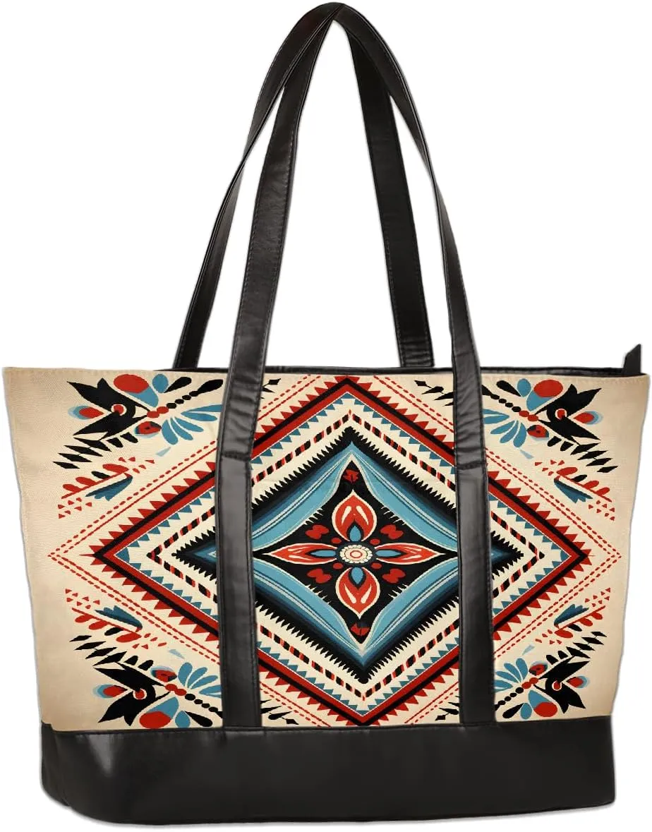 Canvas Laptop Tote Bag for Women Ethnic Mandala Art 15.6 Inch Large Capacity Computer Bag Lightweight Casual Shoulder Handbag